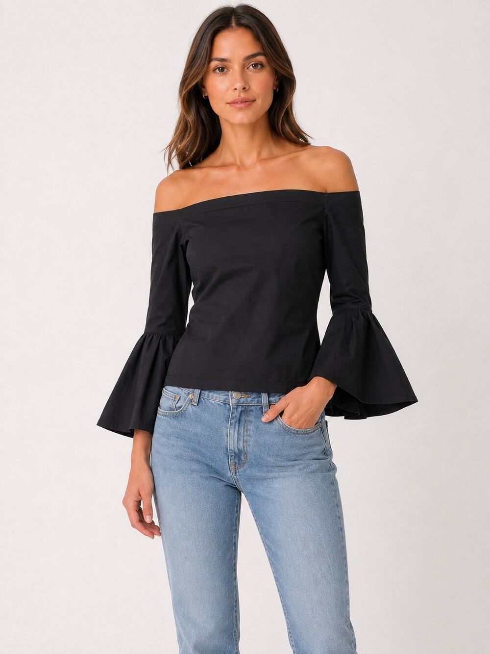NEW MLM Off Shoulder Bell Sleeve Cotton Top Black Size XS